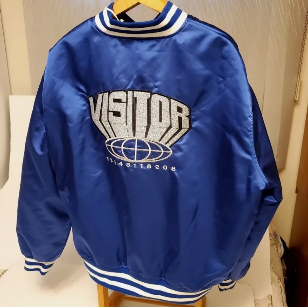 Electric Blue Bomber with awesome Back embroidery by 'Visitor On Earth'.